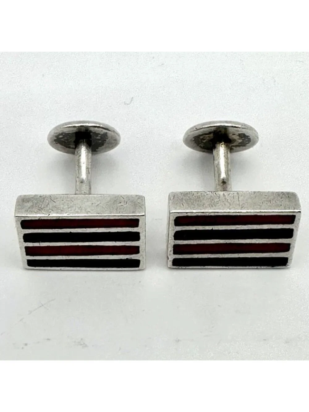 Blue Red Enamel Stripe Cufflinks Designed Signed Sterling Silver Unique Fix Back